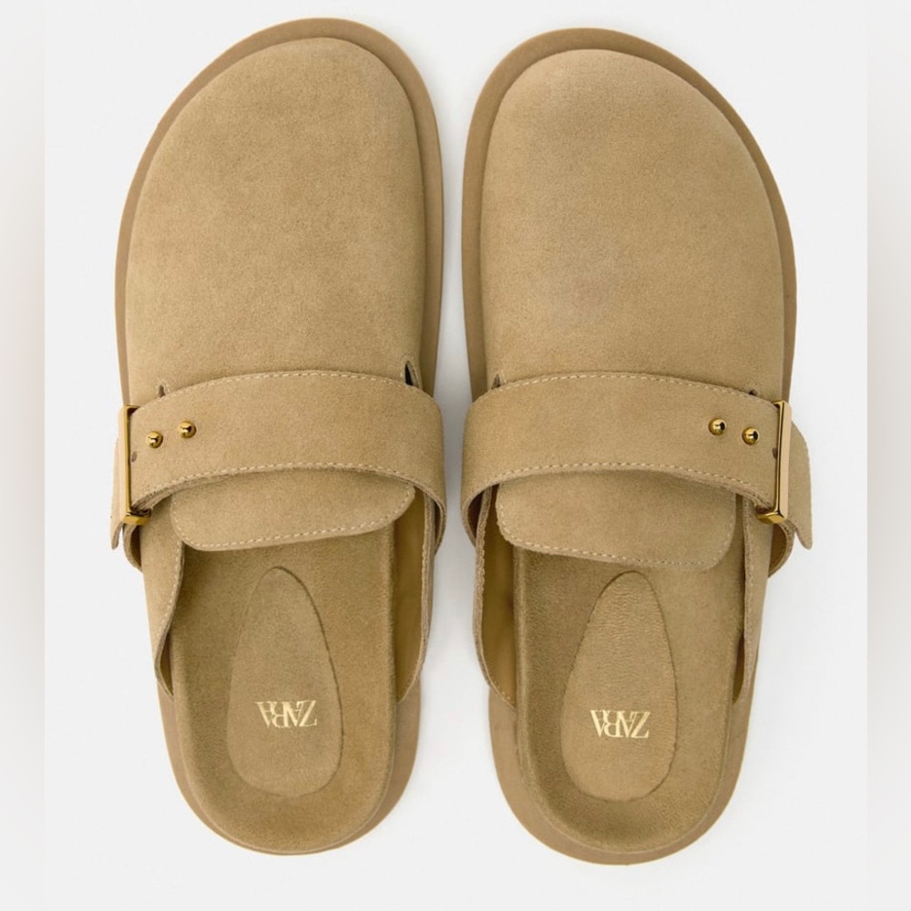 Zara Brown Buckle Suede Clogs